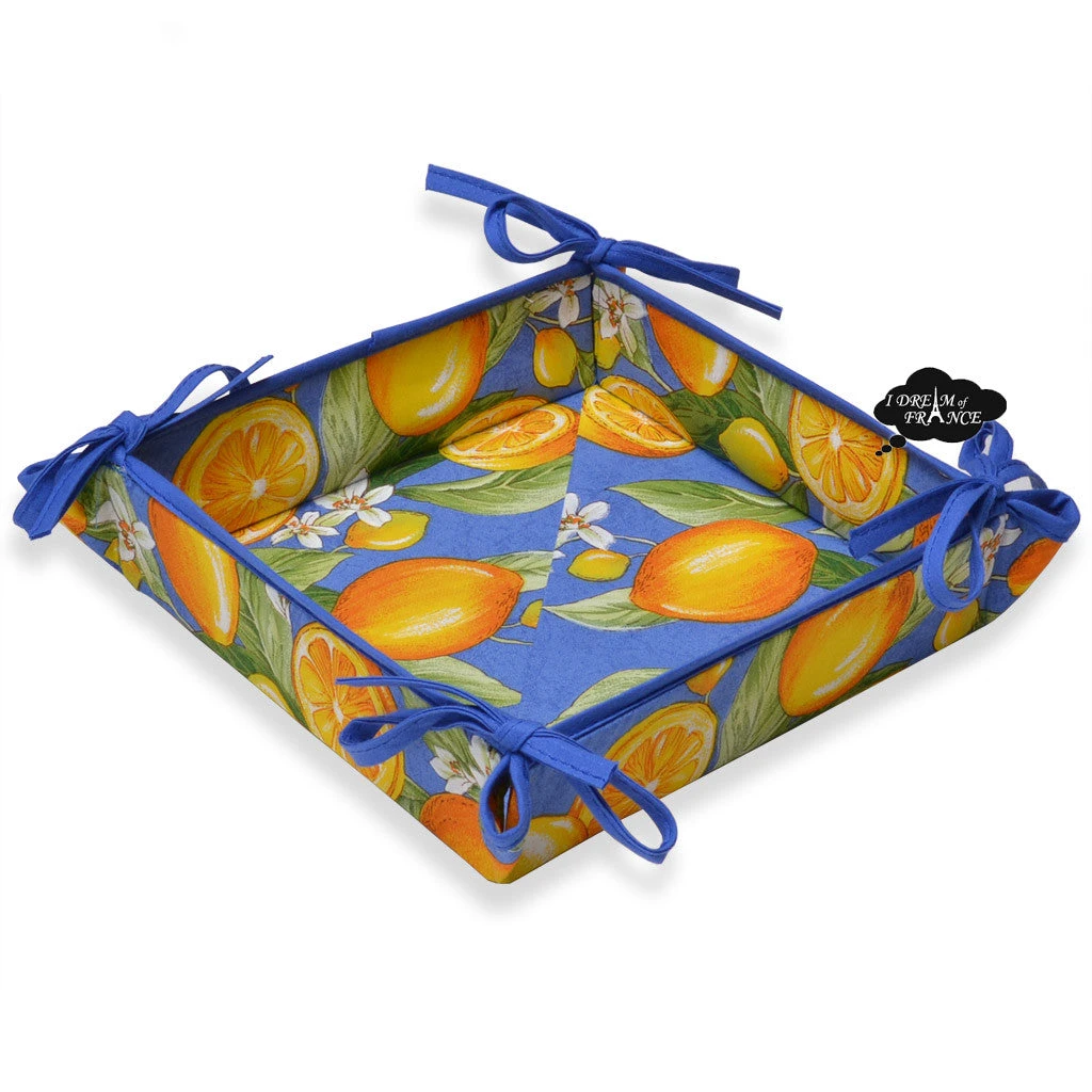 Lemons Blue Cotton Coated Bread Basket By Tissus Toselli 3 Lemons Blue Cotton Coated Bread Basket By Tissus Toselli