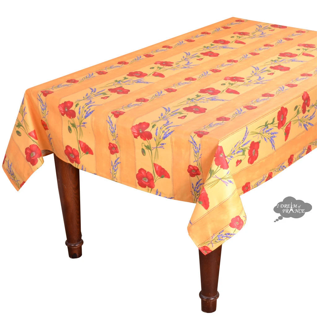 58" Square Poppies Yellow Acrylic-Coated Cotton Tablecloth By Tissus Toselli 3 58" Square Poppies Yellow Acrylic-Coated Cotton Tablecloth By Tissus Toselli