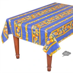 60x138" Rectangular Lemons Blue Acrylic-Coated Cotton Tablecloth By Tissus Toselli
