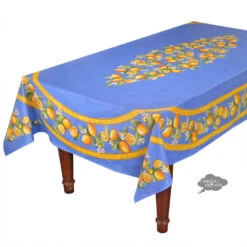 60x96" Rectangular Lemons Blue Acrylic-Coated Cotton Tablecloth By Tissus Toselli