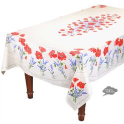 60x96" Rectangular Poppies Cream Acrylic Coated Cotton Tablecloth By Tissus Toselli