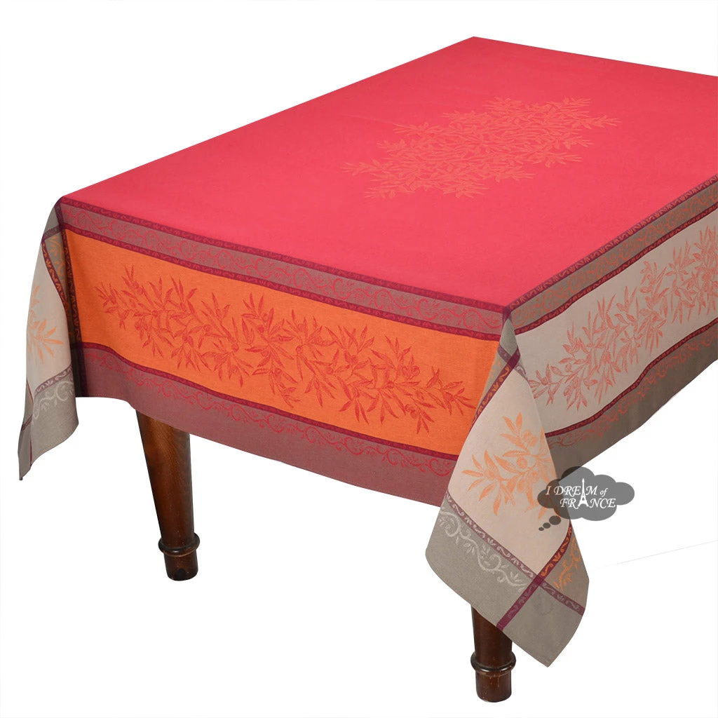 62" Square Olive Red French Jacquard Tablecloth By L'Ensoleillade 3 62" Square Olive Red French Jacquard Tablecloth By L'Ensoleillade