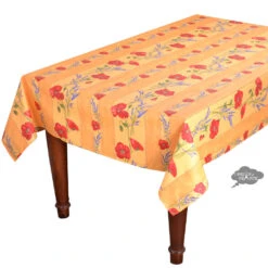 60x120" Rectangular Poppies Yellow Acrylic-Coated Cotton Tablecloth By Tissus Toselli
