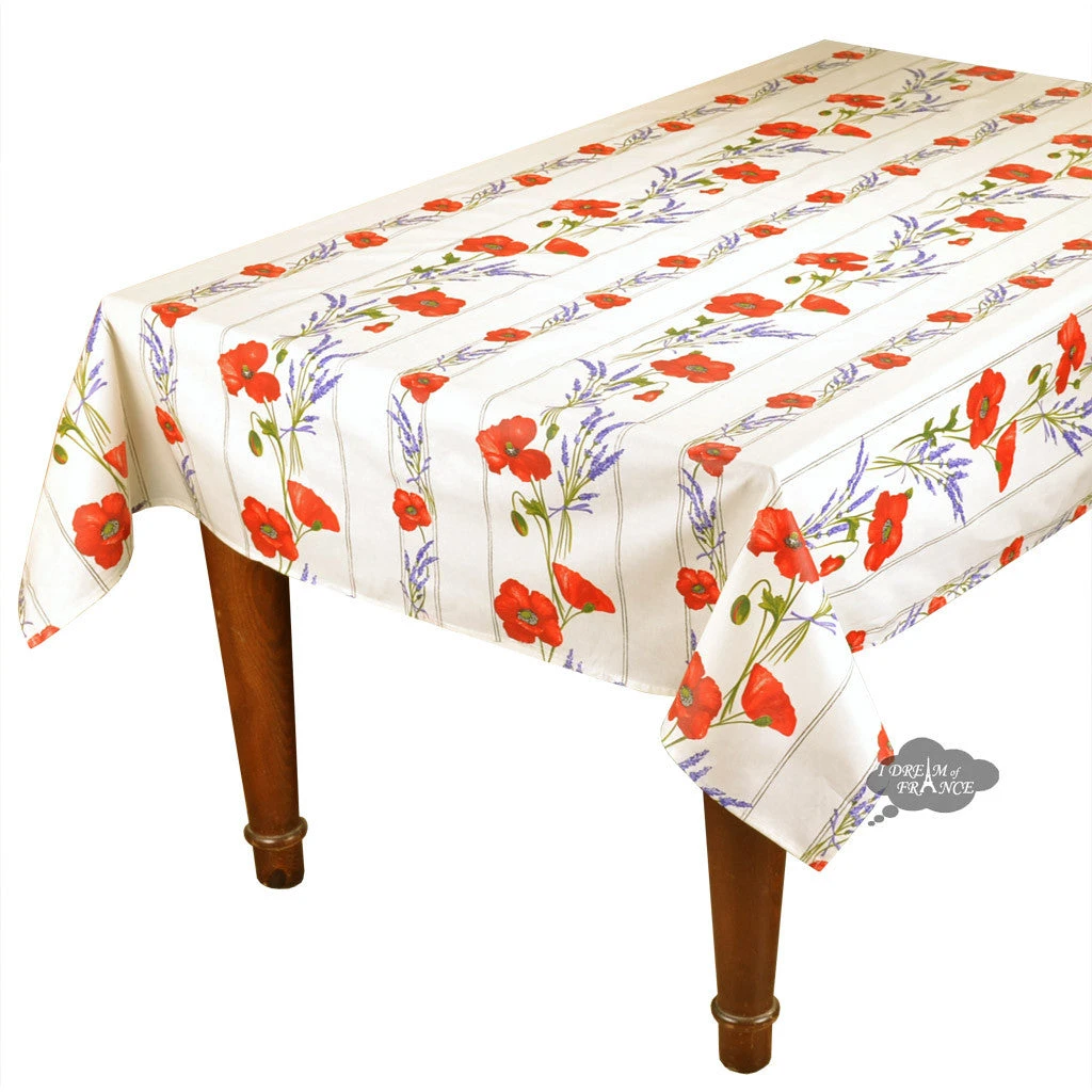 60x120" Rectangular Poppies Cream Acrylic-Coated Cotton Tablecloth By Tissus Toselli 3 60x120" Rectangular Poppies Cream Acrylic-Coated Cotton Tablecloth By Tissus Toselli