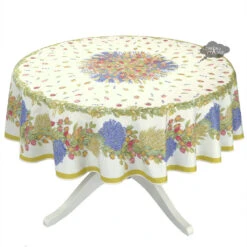 90" Round Roses & Lavender Acrylic-Coated Cotton Tablecloth By Tissus Toselli