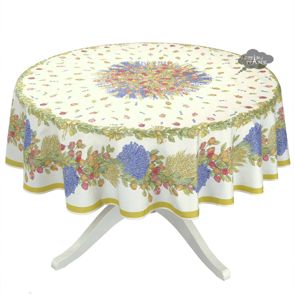 90" Round Roses & Lavender Acrylic-Coated Cotton Tablecloth By Tissus Toselli 3 90" Round Roses & Lavender Acrylic-Coated Cotton Tablecloth By Tissus Toselli