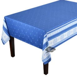 62x120" Rectangular Callas Blue Double Border French Jacquard Cotton Tablecloth By L'Ensoleillade