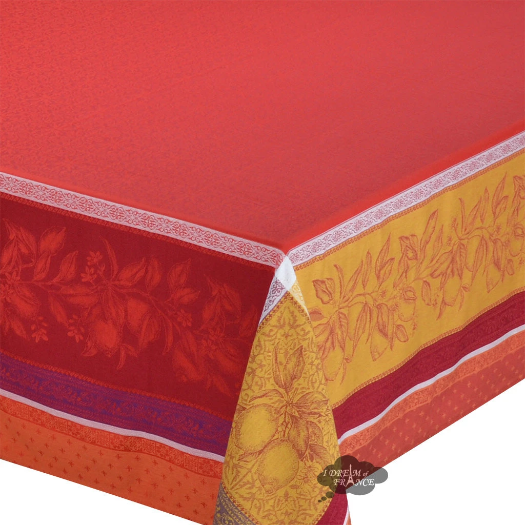 62x78" Rectangular Cedrat Red & Yellow French Jacquard Cotton Tablecloth By Tissus Toselli 4 62x78" Rectangular Cedrat Red & Yellow French Jacquard Cotton Tablecloth By Tissus Toselli - Image 2