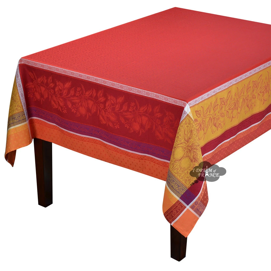62x78" Rectangular Cedrat Red & Yellow French Jacquard Cotton Tablecloth By Tissus Toselli 3 62x78" Rectangular Cedrat Red & Yellow French Jacquard Cotton Tablecloth By Tissus Toselli