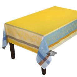 62x78" Rectangular Cedrat Yellow & Blue French Jacquard Cotton Tablecloth By Tissus Toselli