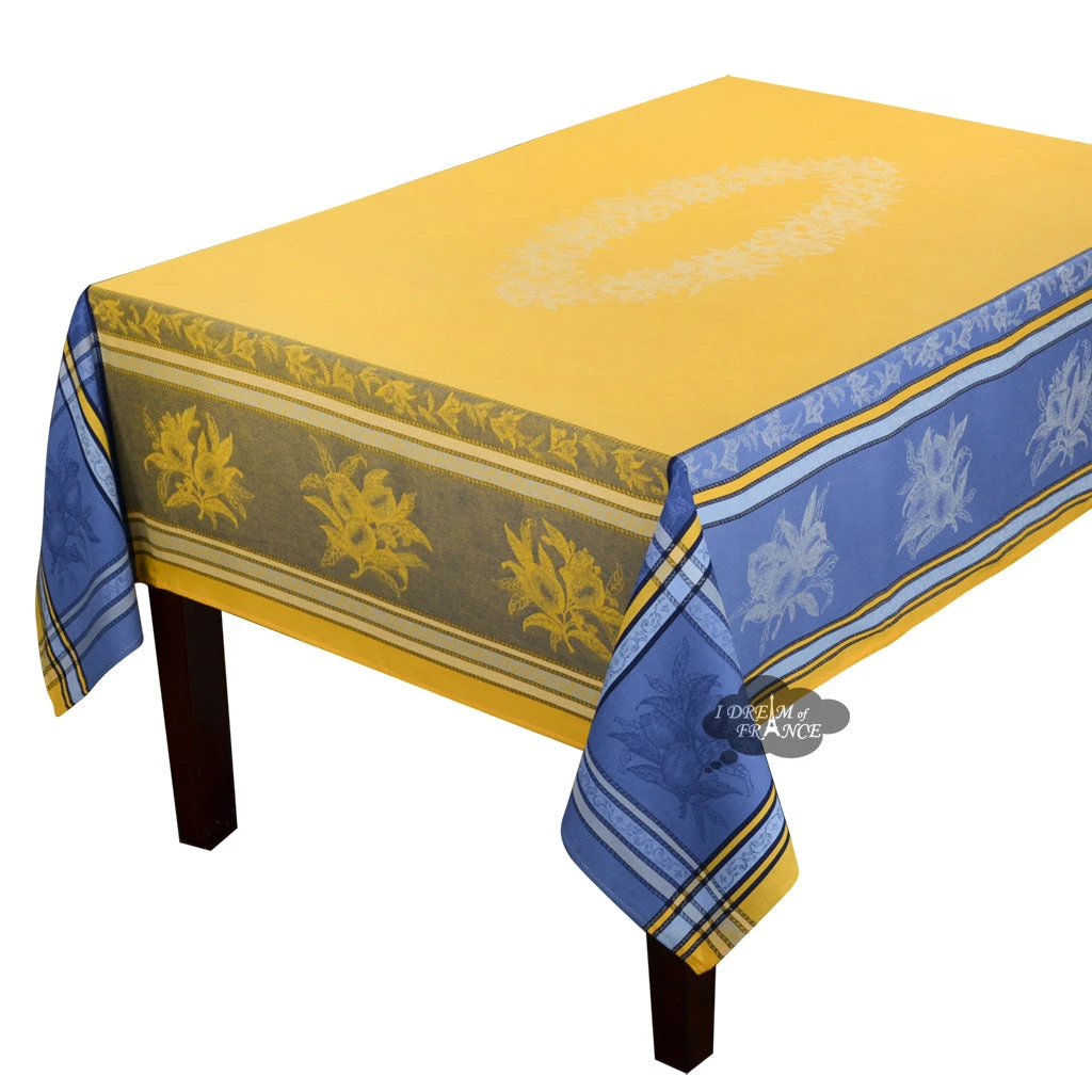 62x78" Rectangular Citrus Yellow & Blue French Jacquard Tablecloth By L'Ensoleillade 3 62x78" Rectangular Citrus Yellow & Blue French Jacquard Tablecloth By L'Ensoleillade