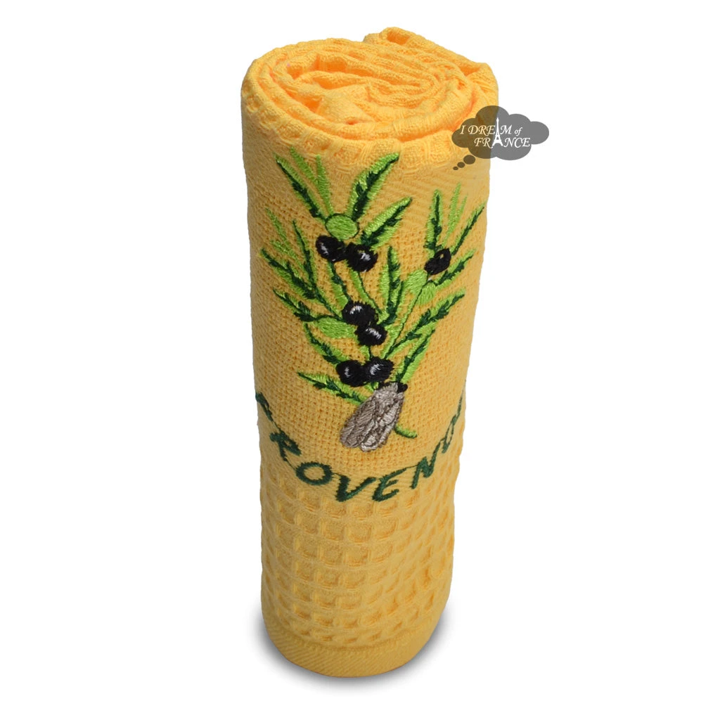 Provence Olives & Cicada Yellow Waffle-Weave Kitchen Towel By Coton Blanc 3 Provence Olives & Cicada Yellow Waffle-Weave Kitchen Towel By Coton Blanc