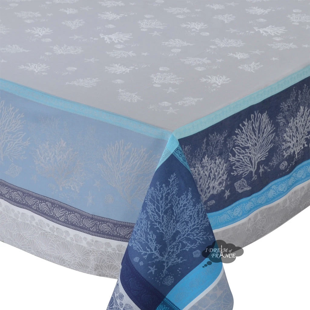 62x120" Rectangular Oceane Blue French Jacquard Tablecloth By Tissus Toselli 4 62x120" Rectangular Oceane Blue French Jacquard Tablecloth By Tissus Toselli - Image 2