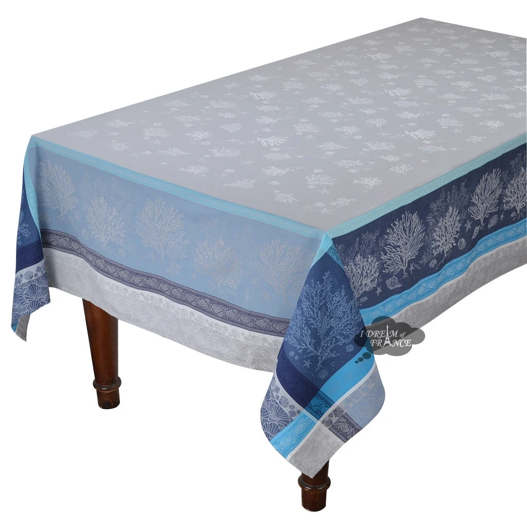 62x120" Rectangular Oceane Blue French Jacquard Tablecloth By Tissus Toselli 3 62x120" Rectangular Oceane Blue French Jacquard Tablecloth By Tissus Toselli
