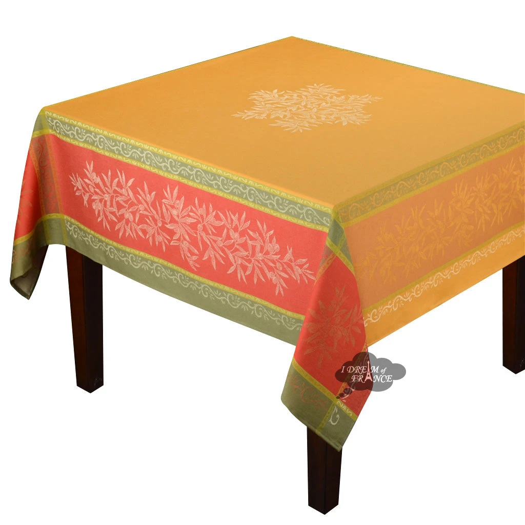 62" Square Olive Butterscotch French Jacquard Tablecloth By L'Ensoleillade 3 62" Square Olive Butterscotch French Jacquard Tablecloth By L'Ensoleillade