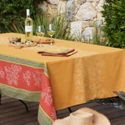 62x120" Rectangular Olive Butterscotch Double Border French Jacquard Tablecloth By L'Ensoleillade -Kitchen Textiles french jacquard tablecloth olive curry teflon tablecloth sq b6bca299 0474 4abc a21b 8bba08d0ff04