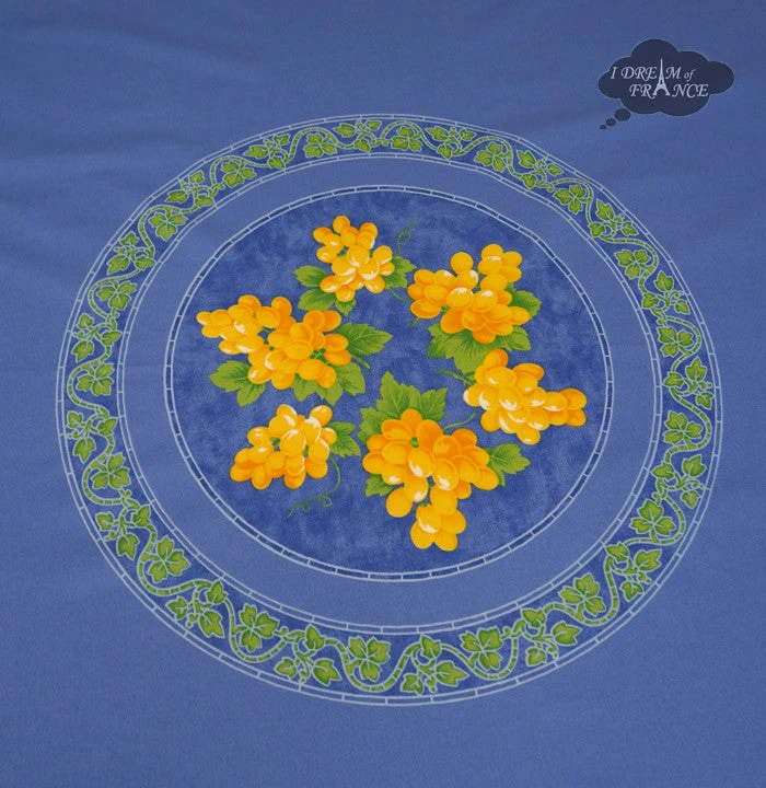 70" Round Grapes Blue Acrylic-Coated Cotton Provence Tablecloth By Le Cluny 4 70" Round Grapes Blue Acrylic-Coated Cotton Provence Tablecloth By Le Cluny - Image 2