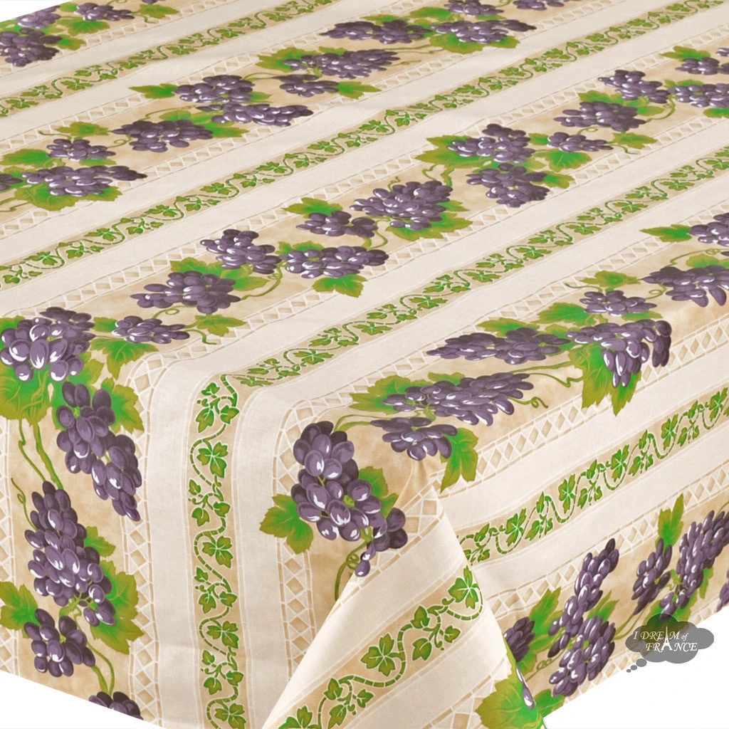 60x84" Rectangular Grapes Cream Acrylic-Coated Cotton Provence Tablecloth By Le Cluny 4 60x84" Rectangular Grapes Cream Acrylic-Coated Cotton Provence Tablecloth By Le Cluny - Image 2