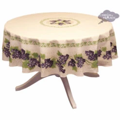 70" Round Grapes Cream Acrylic-Coated Cotton Provence Tablecloth By Le Cluny
