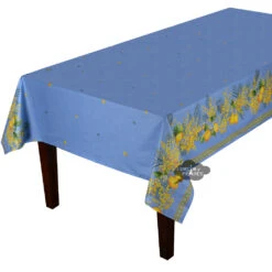 60x78" Rectangular Lemon & Mimosa Blue Double Border Acrylic-Coated Cotton Tablecloth By Label France