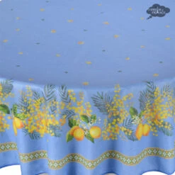 70" Round Lemon & Mimosa Blue Acrylic-Coated Cotton Tablecloth By L'Ensoleillade -Kitchen Textiles l ensoleillade lemon mimosa blue french cotton acrylic coated round 70 180 tablecloth asqw