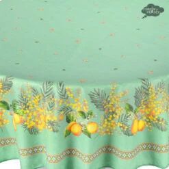 70" Round Lemon & Mimosa Green Acrylic-Coated Cotton Tablecloth By L'Ensoleillade -Kitchen Textiles l ensoleillade lemon mimosa green french cotton acrylic coated round 70 180 tablecloth asqw