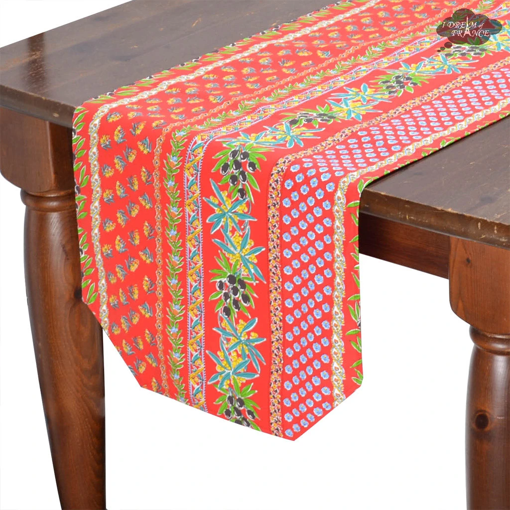 16x72" Olives Red Acrylic-Coated Cotton Provence Table Runner By Le Cluny 3 16x72" Olives Red Acrylic-Coated Cotton Provence Table Runner By Le Cluny