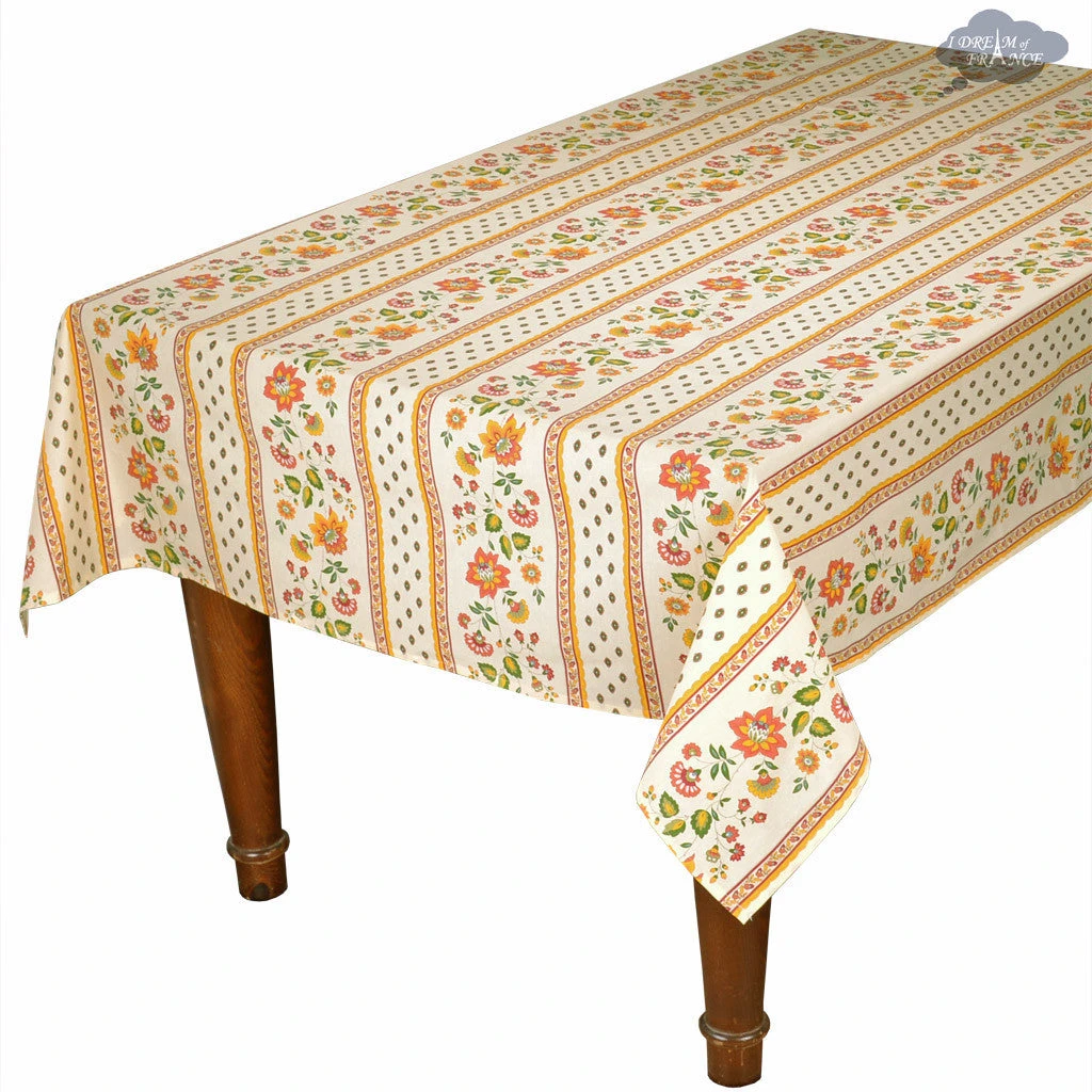 60x132" Rectangular Fayence Cream Acrylic-Coated Cotton Provence Tablecloth By Le Cluny 3 60x132" Rectangular Fayence Cream Acrylic-Coated Cotton Provence Tablecloth By Le Cluny