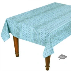 60x108" Rectangular Lisa Turquoise Acrylic-Coated Cotton Provence Tablecloth By Le Cluny