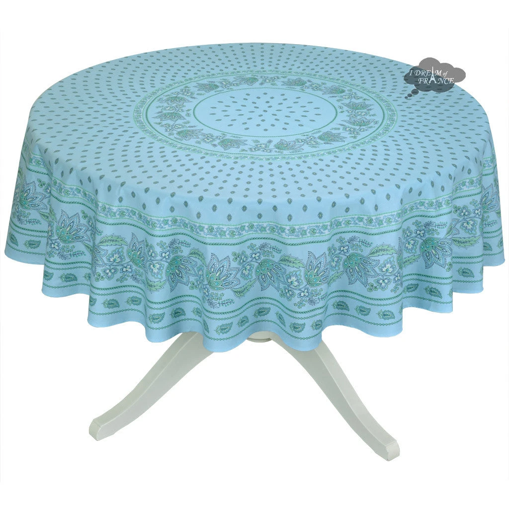 70" Round Lisa Turquoise Cotton Coated Provence Tablecloth By Le Cluny 3 70" Round Lisa Turquoise Cotton Coated Provence Tablecloth By Le Cluny