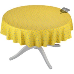 60" Round Grapes Yellow All-Over Acrylic-Coated Cotton Provence Tablecloth By Le Cluny