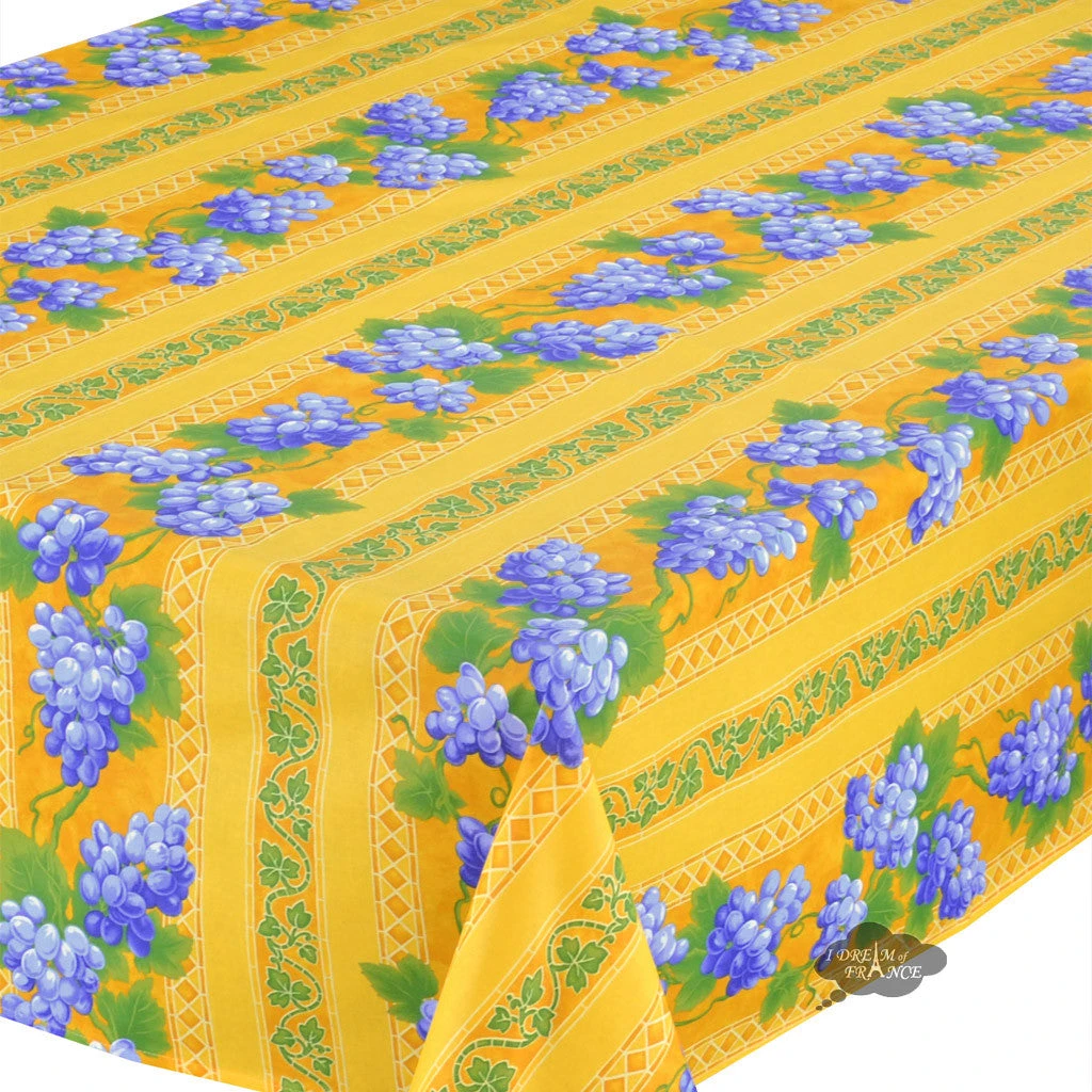 60x120" Rectangular Grapes Yellow Acrylic-Coated Cotton Provence Tablecloth By Le Cluny 4 60x120" Rectangular Grapes Yellow Acrylic-Coated Cotton Provence Tablecloth By Le Cluny - Image 2