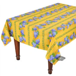 60x96" Rectangular Grapes Yellow Acrylic-Coated Cotton Provence Tablecloth By Le Cluny