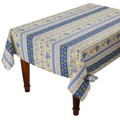 60x108" Rectangular Monaco Beige & Blue Acrylic-Coated Cotton Provence Tablecloth By Le Cluny