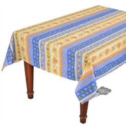 60x132" Rectangular Monaco Blue & Yellow Acrylic-Coated Cotton Provence Tablecloth By Le Cluny