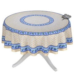 70" Round Monaco Beige & Blue Provence Tablecloth By Le Cluny