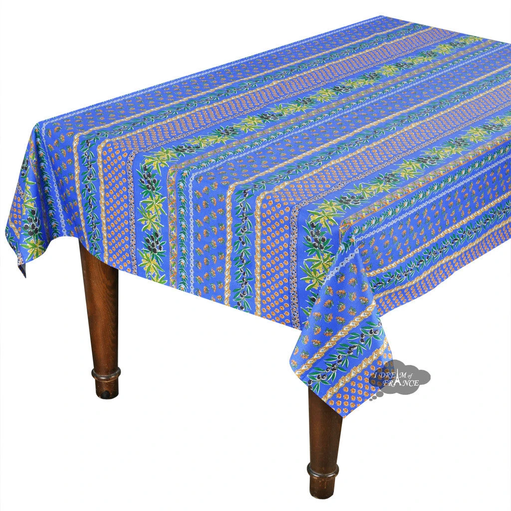 58" Square Olives Blue Acrylic-Coated Cotton Provence Tablecloth By Le Cluny 3 58" Square Olives Blue Acrylic-Coated Cotton Provence Tablecloth By Le Cluny
