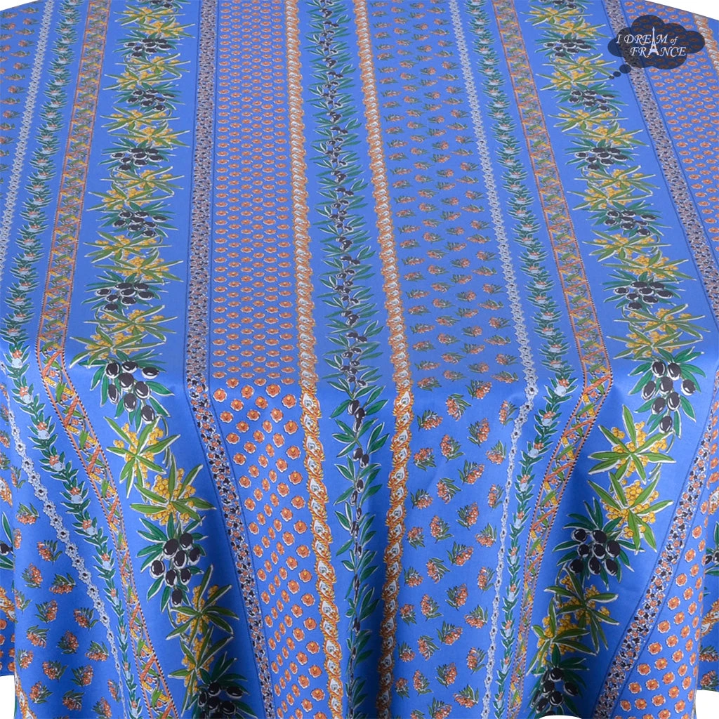 70" Round Olives Blue Striped Acrylic-Coated Cotton Provence Tablecloth By Le Cluny 4 70" Round Olives Blue Striped Acrylic-Coated Cotton Provence Tablecloth By Le Cluny - Image 2