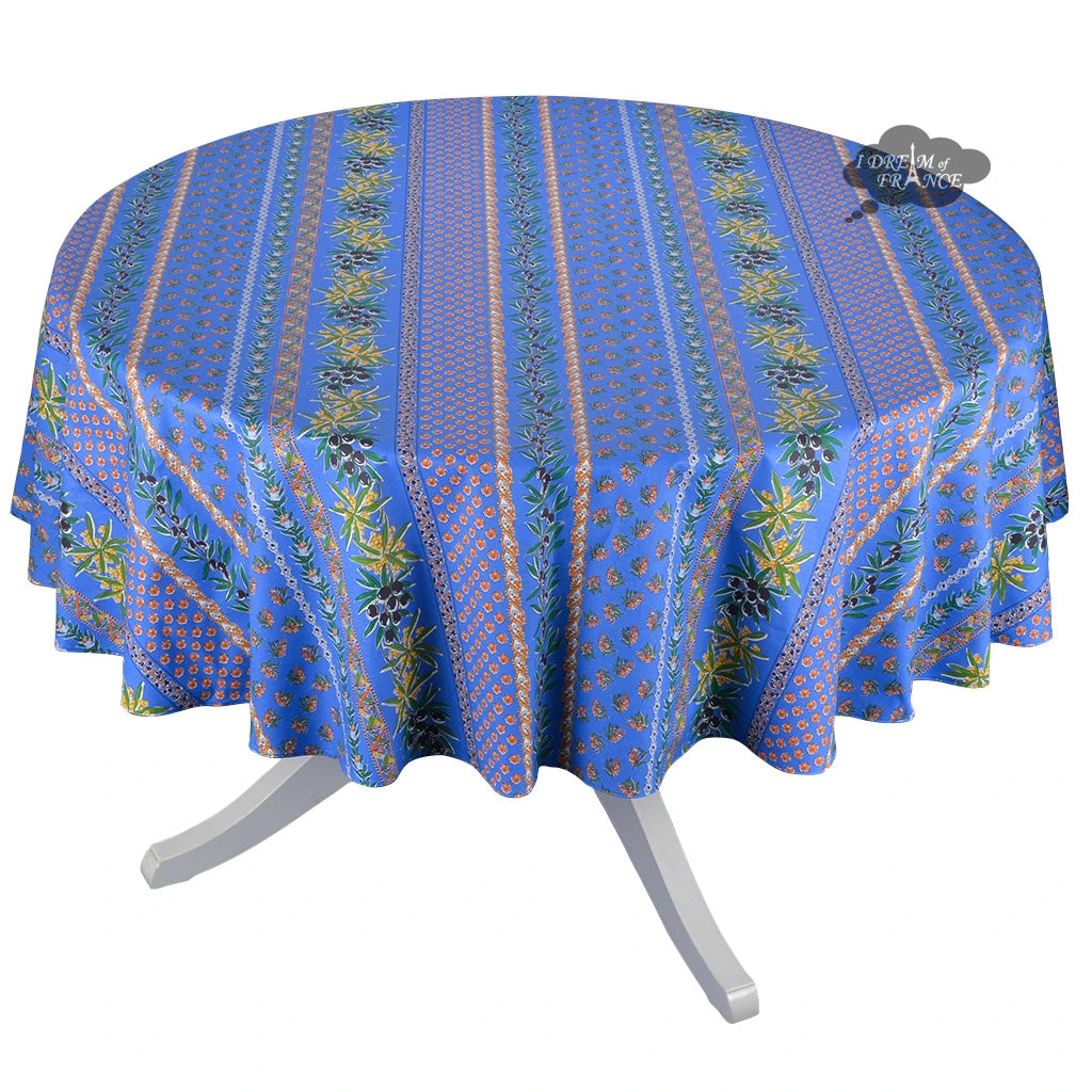70" Round Olives Blue Striped Acrylic-Coated Cotton Provence Tablecloth By Le Cluny 3 70" Round Olives Blue Striped Acrylic-Coated Cotton Provence Tablecloth By Le Cluny