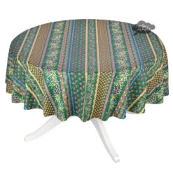 70" Round Olives Green Striped Acrylic-Coated Cotton Provence Tablecloth By Le Cluny