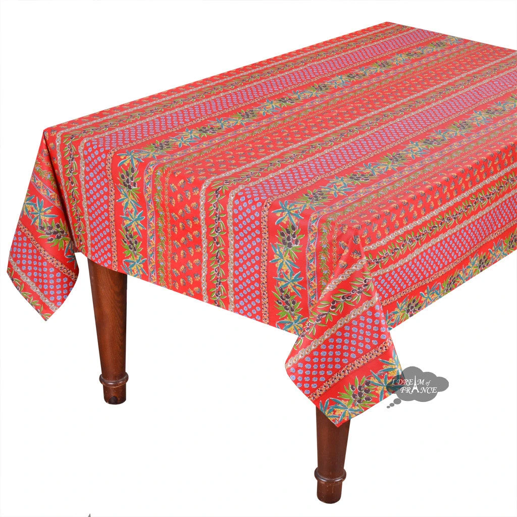 60x84" Rectangular Olives Red Acrylic-Coated Cotton Provence Tablecloth By Le Cluny 3 60x84" Rectangular Olives Red Acrylic-Coated Cotton Provence Tablecloth By Le Cluny