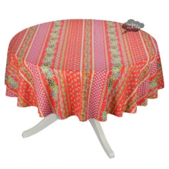 70" Round Olives Red Striped Acrylic-Coated Cotton Provence Tablecloth By Le Cluny