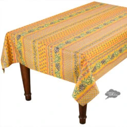 60x84" Rectangular Olives Yellow Acrylic-Coated Cotton Provence Tablecloth By Le Cluny