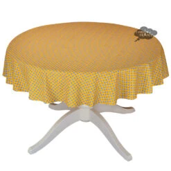60" Round Olives Yellow All-Over Acrylic-Coated Cotton Provence Tablecloth By Le Cluny