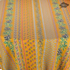 70" Round Olives Yellow Striped Acrylic-Coated Cotton Provence Tablecloth By Le Cluny -Kitchen Textiles le cluny olives yellow provencal coated tablecloth round striped asqw