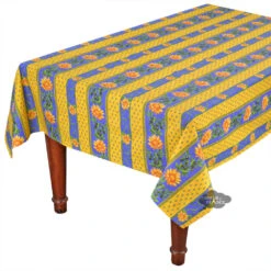 52x72" Rectangular Sunflower Blue Acrylic-Coated Cotton Provence Tablecloth By Le Cluny