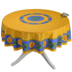 70" Round Sunflower Blue Cotton Provence Tablecloths By Le Cluny