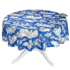 70" Round Villandry Blue Toile Acrylic-Coated Cotton French Tablecloth By Le Cluny