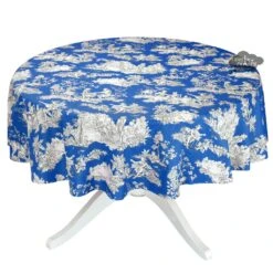 60" Round Villandry Blue Toile Acrylic-Coated Cotton French Tablecloth By Le Cluny