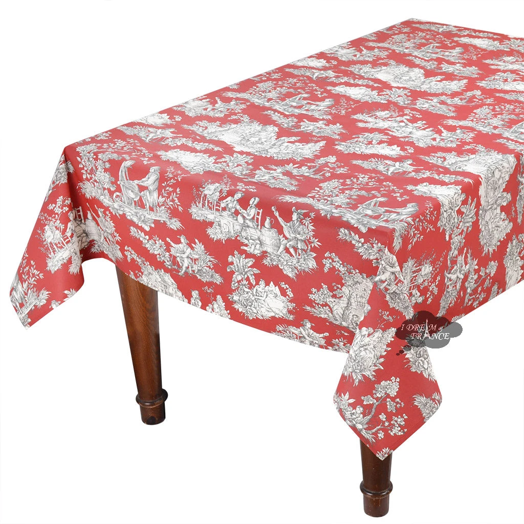 60x84" Rectangular Villandry Red Toile Acrylic-Coated Cotton Tablecloth By Le Cluny 3 60x84" Rectangular Villandry Red Toile Acrylic-Coated Cotton Tablecloth By Le Cluny